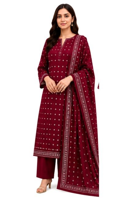 Premium Maroon Printed Lawn 3-Piece Unstitched Suit for Women